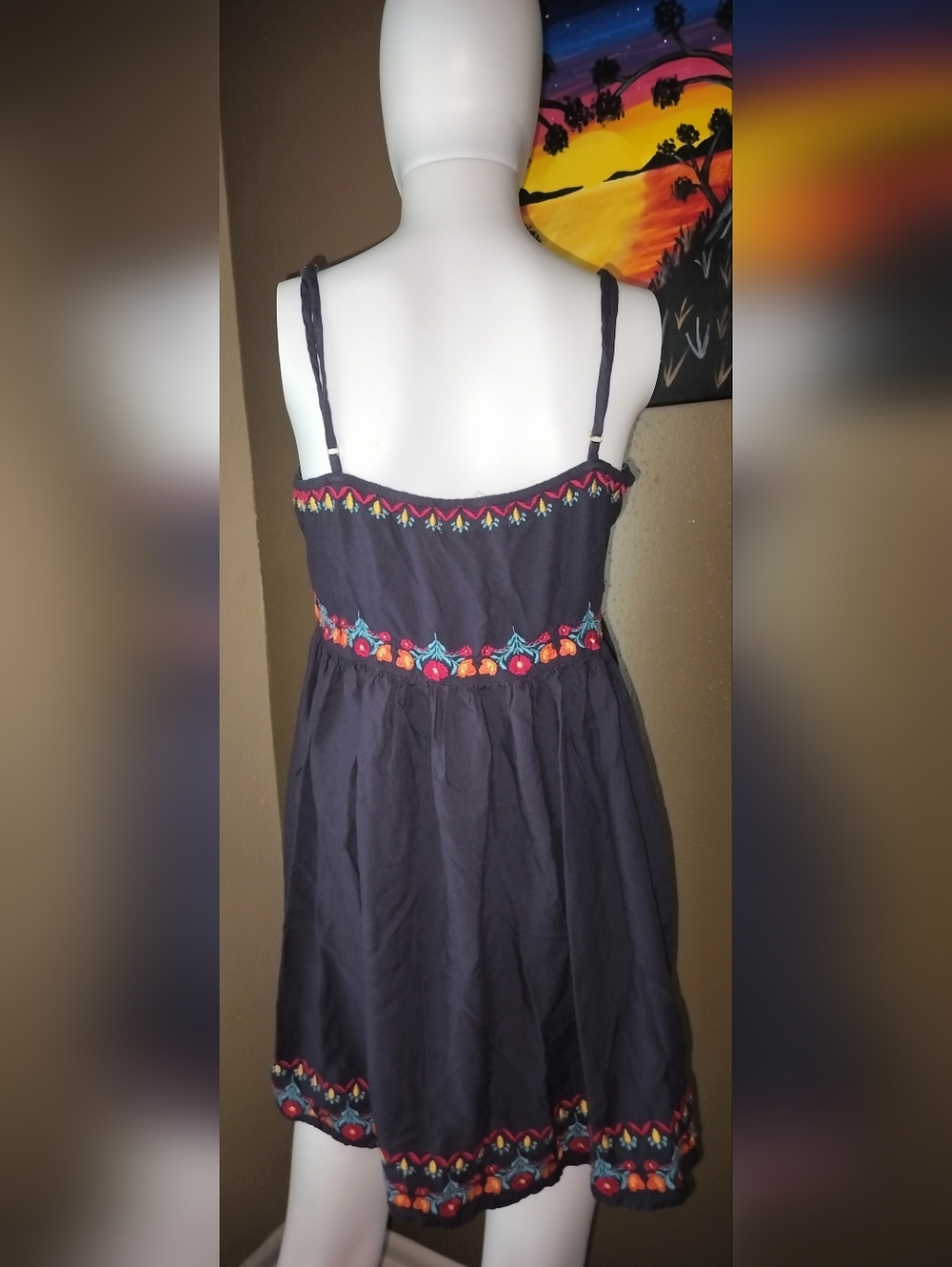 NATURAL LIFE Navy Sara Embroidered Spaghetti-Strap Mini Dress Sz S - Picture 3 of 8